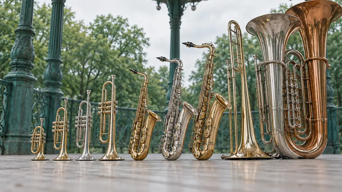 Pavillons de cuivres et corps de saxophones aux finitions variées sur un pupitre de kiosque